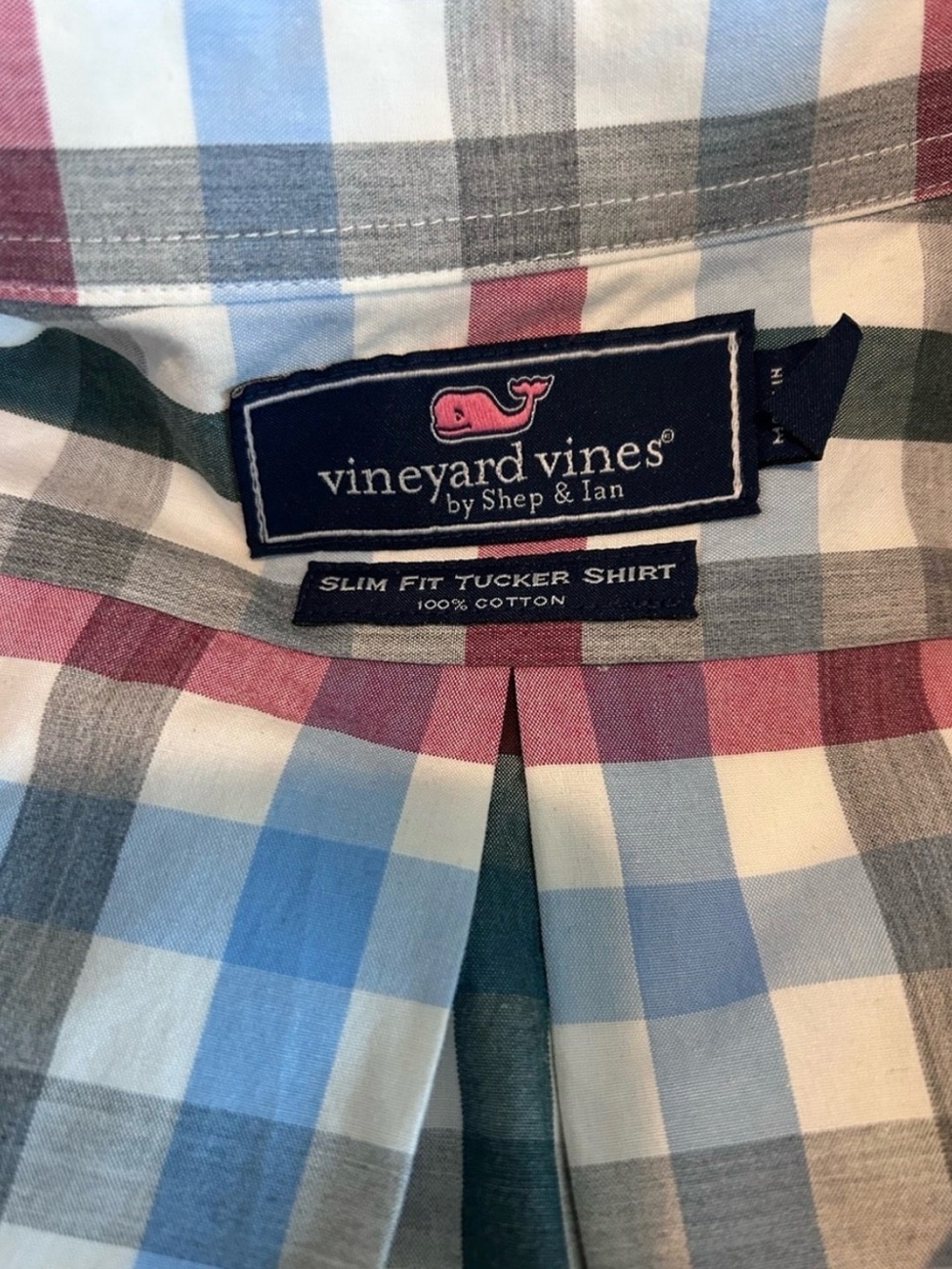 Vineyard Vines Slim Fit Tucker Shirt is blue, red and white plaid - Picture 5 of 7